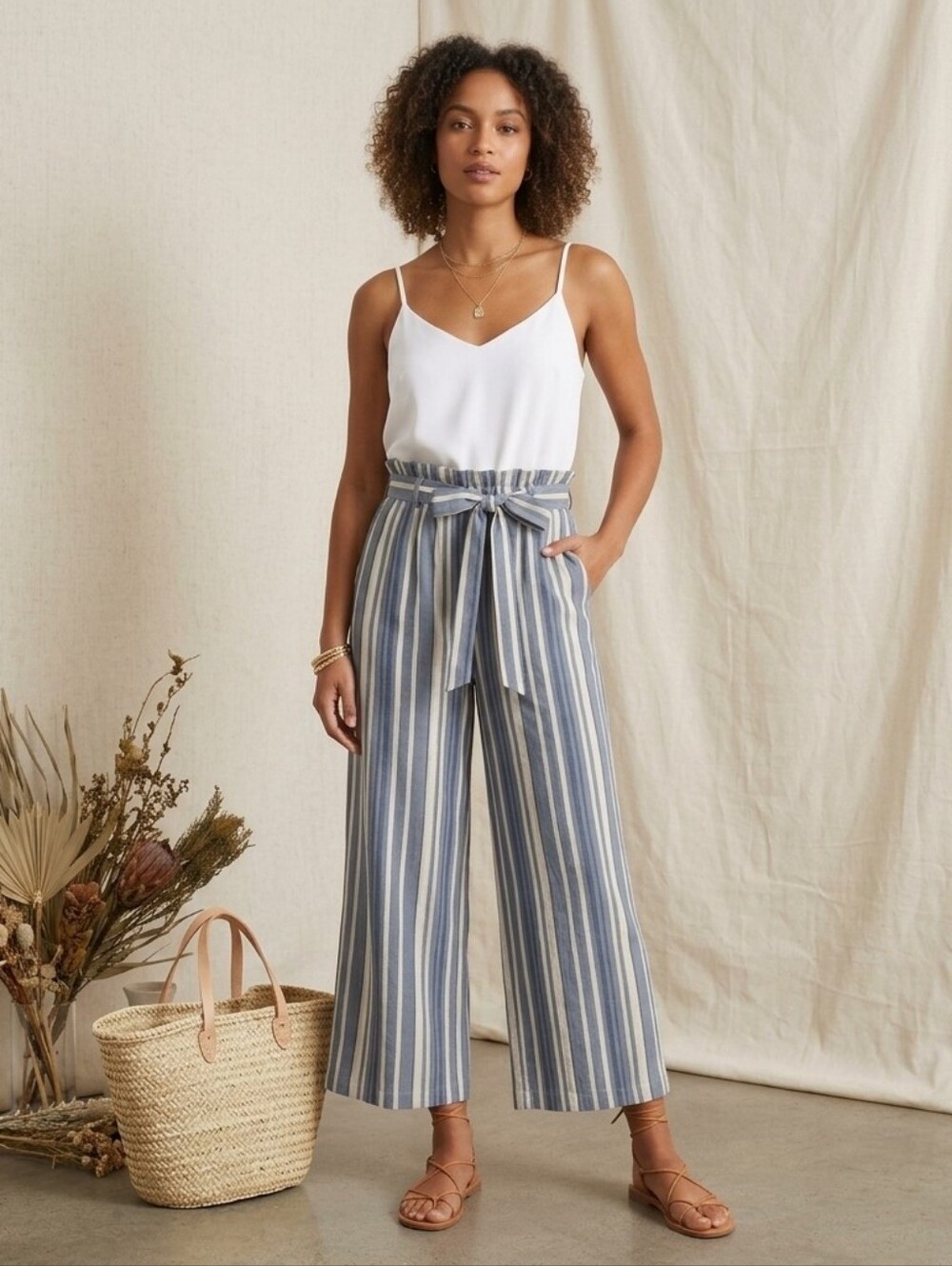 Stella Tweed Striped Paperbag High-Waist Wide-Leg Pants - Blue/White/Tan